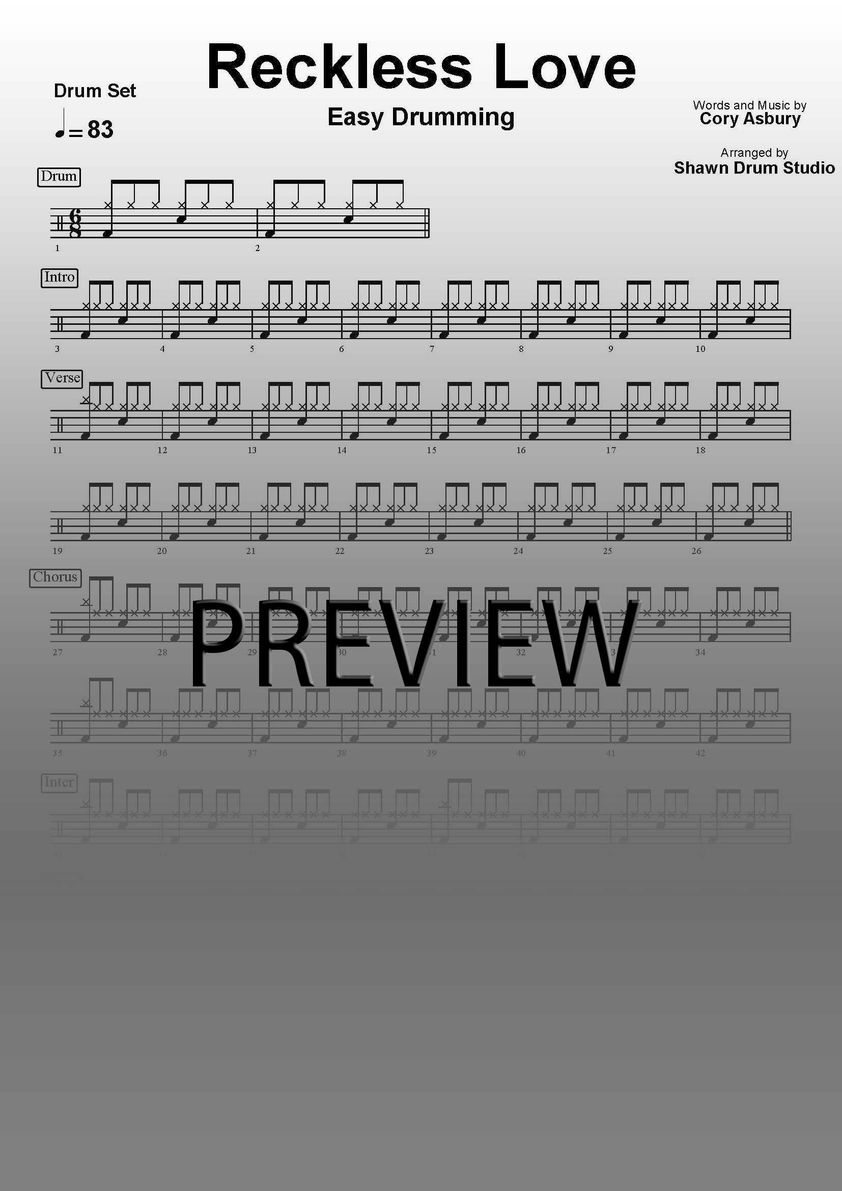 Reckless Love by Cory Asbury - Easy version drum sheet music