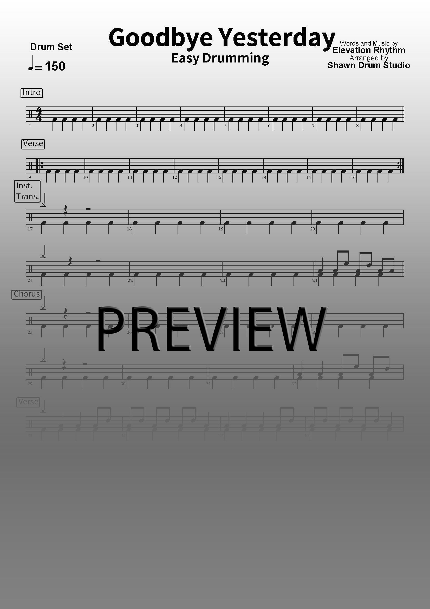 Goodbye Yesterday by Elevation Rhythm - Easy version drum sheet music